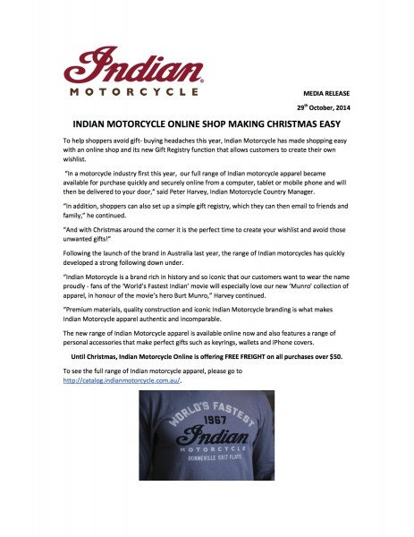 Indian Motorcycle Australia Press Release - Christmas Shop Online