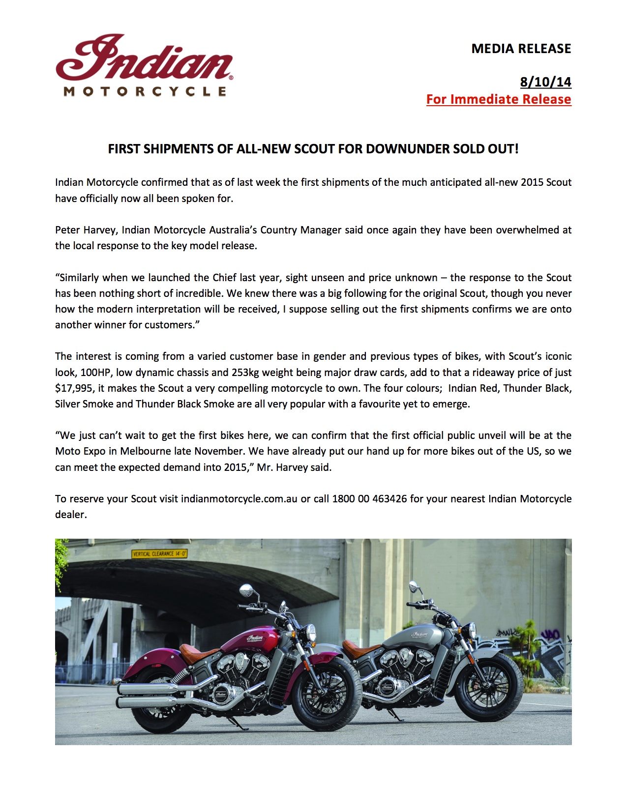 Indian Motorcycle Australia Press Release - Scout First Shipments Sold Out